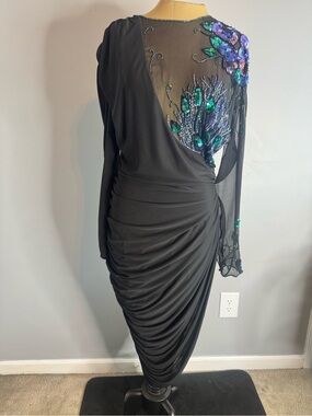 Casadei Black Long Sleeve Dress with Blue-Green Sequin Peacock Motif
